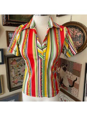 80s Vintage Fingerhut Red Green White Striped Short Sleeve Blouse M